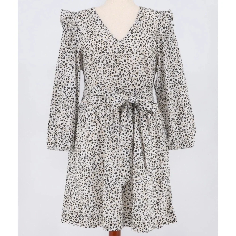 NWT J. CREW | Lightweight Animal Print Ruffle‎ Puff Sleeve Mini Dress Sz. Large